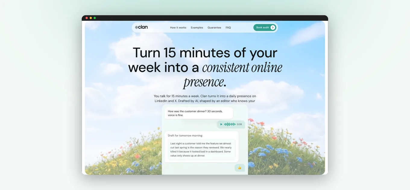 JoinClan homepage: turn 15 minutes of your week into a consistent online presence