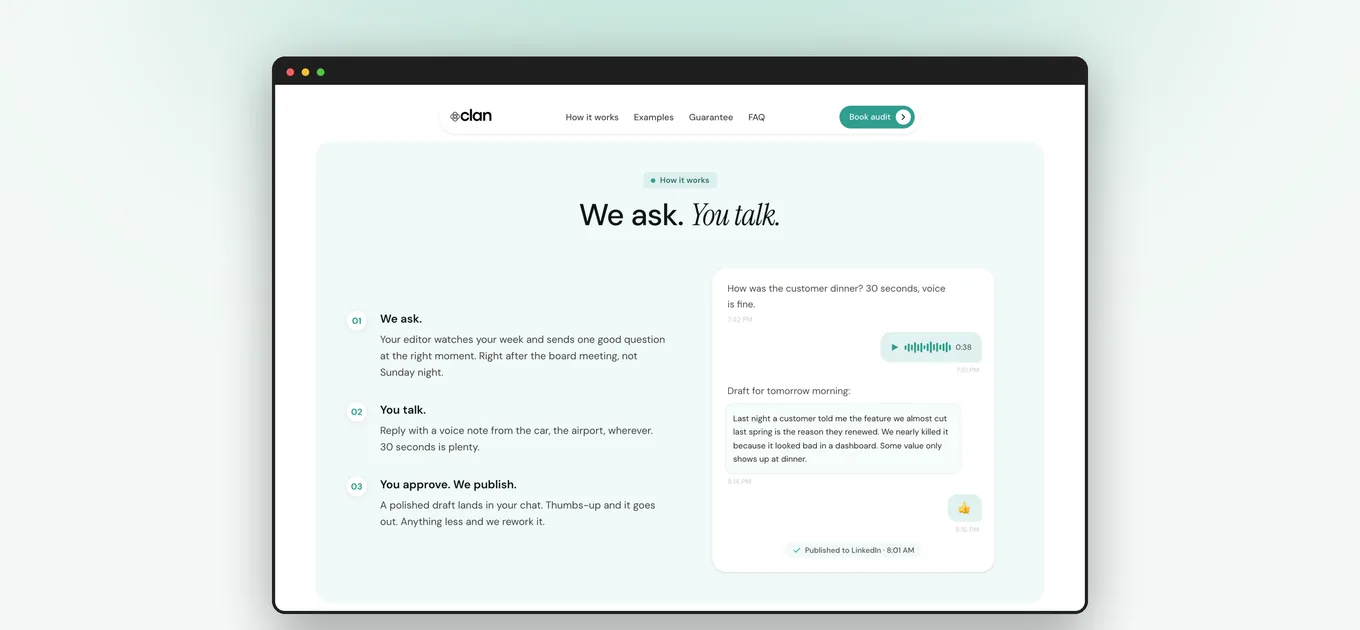 JoinClan How it works: a 30-second voice note becomes an editor-shaped draft ready to approve