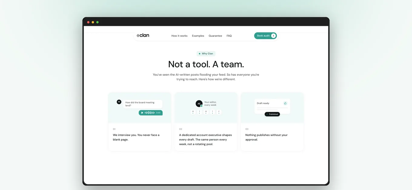 JoinClan Not a tool. A team.: an interviewer, a dedicated editor, and nothing published without approval