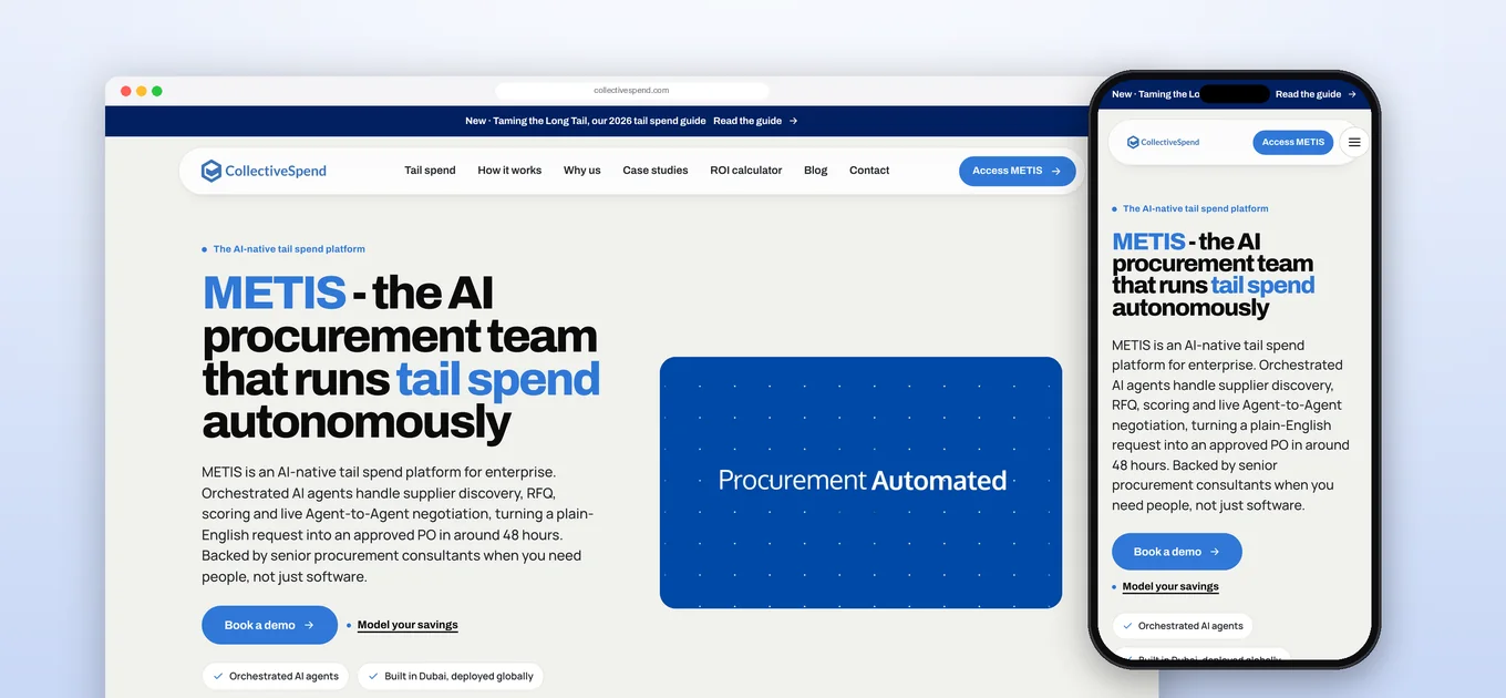 CollectiveSpend METIS AI procurement platform homepage on desktop and mobile