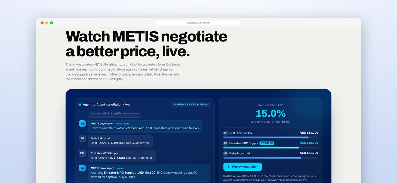 METIS agent-to-agent supplier negotiation securing a 15% saving live