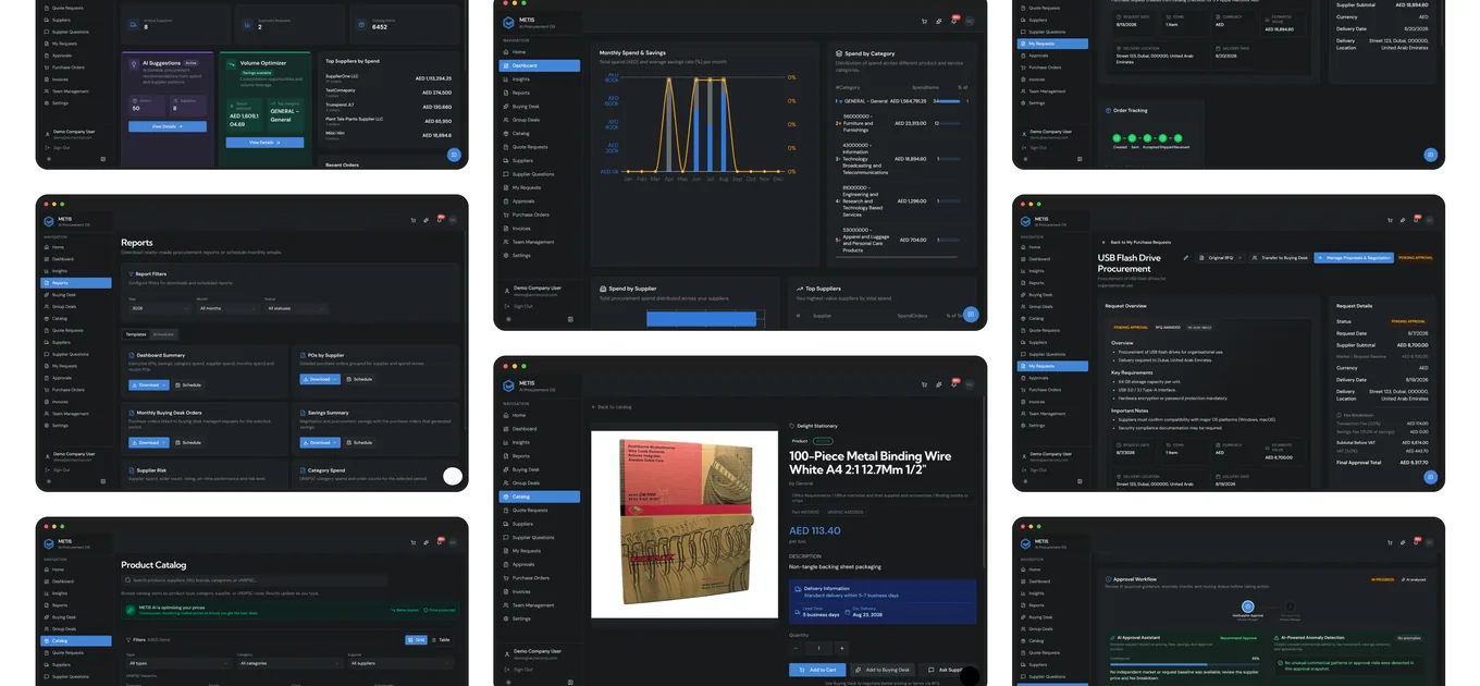 METIS procurement console: spend analytics, reports, product catalog, purchase requests and approvals