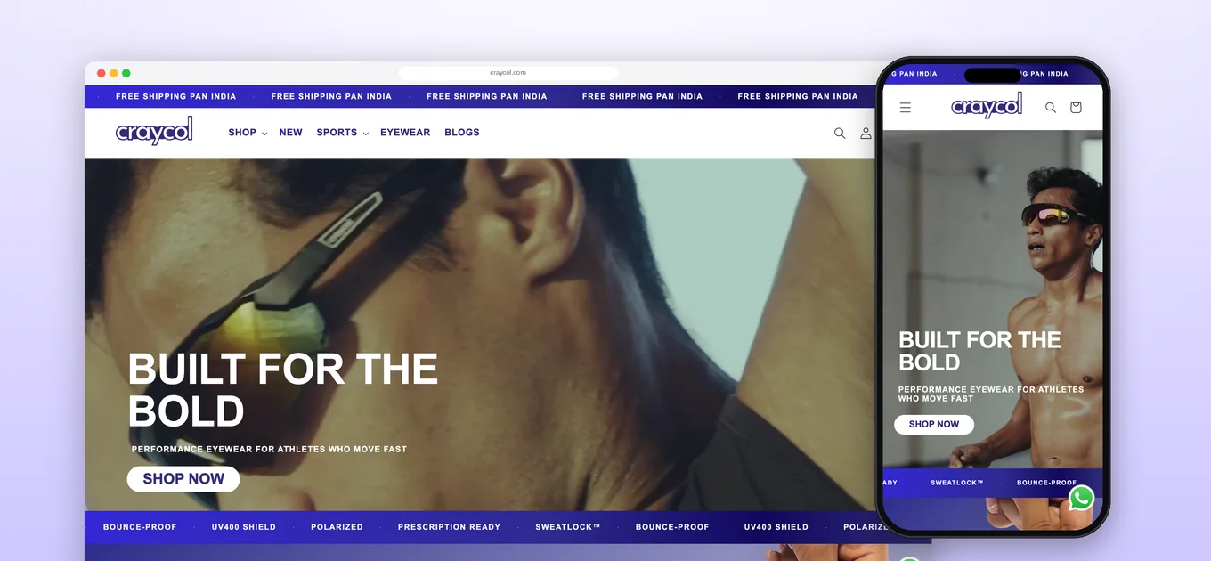 Craycol D2C sports eyewear storefront on desktop and mobile