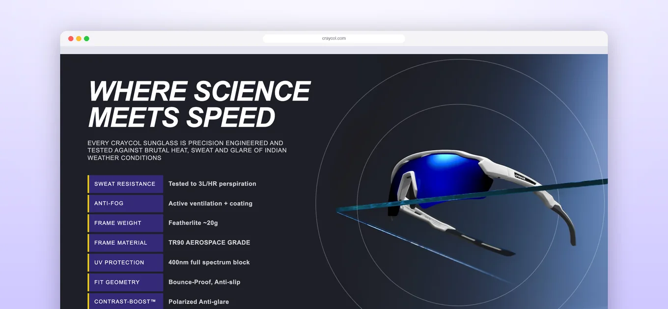 Craycol product engineering page with sweat, anti-fog and frame specifications
