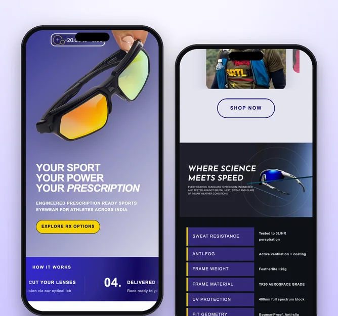 Craycol mobile prescription eyewear and product science pages