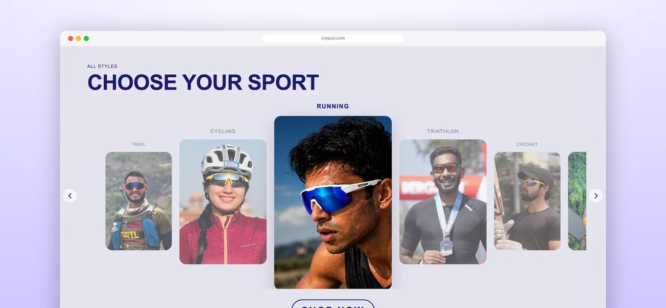 Craycol shop-by-sport carousel for trail, cycling, running and triathlon