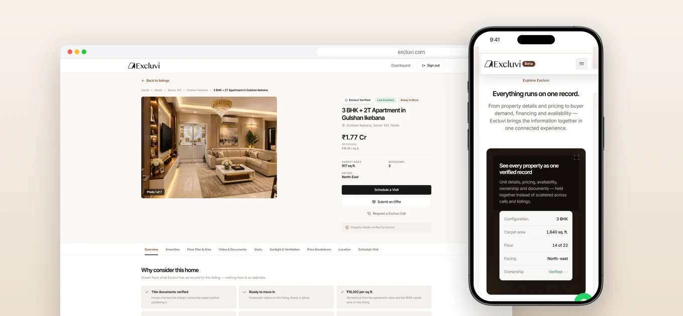 Excluvi listing for a 3 BHK apartment on desktop, with the one-record property view on mobile