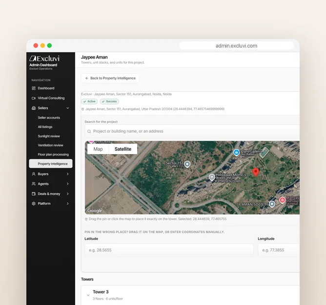 Excluvi admin property intelligence: placing a new project on the map and adding its towers