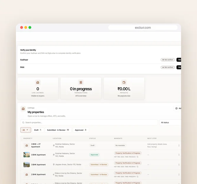 Excluvi seller dashboard with identity verification, listing stats and properties in review