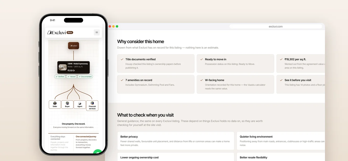 Excluvi mobile view of one property record shared by seller, buyer, agent and financial services, beside the listing's verified checks