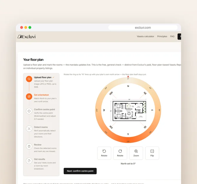 Excluvi Vastu calculator setting the orientation of an uploaded floor plan