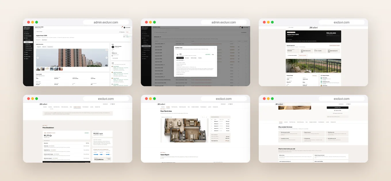 Excluvi across the platform: admin property record, ventilation review, seller mandate, price breakdown, floor plan and buyer checks