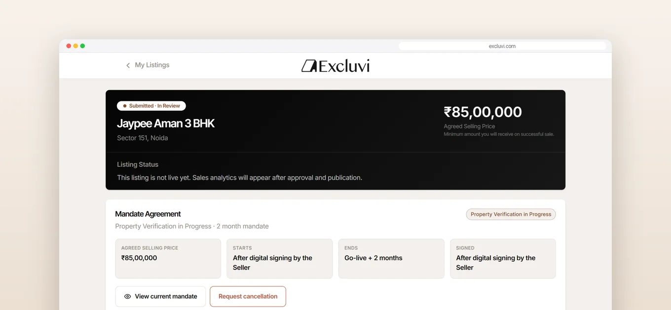Excluvi seller listing in review with its agreed selling price and mandate agreement