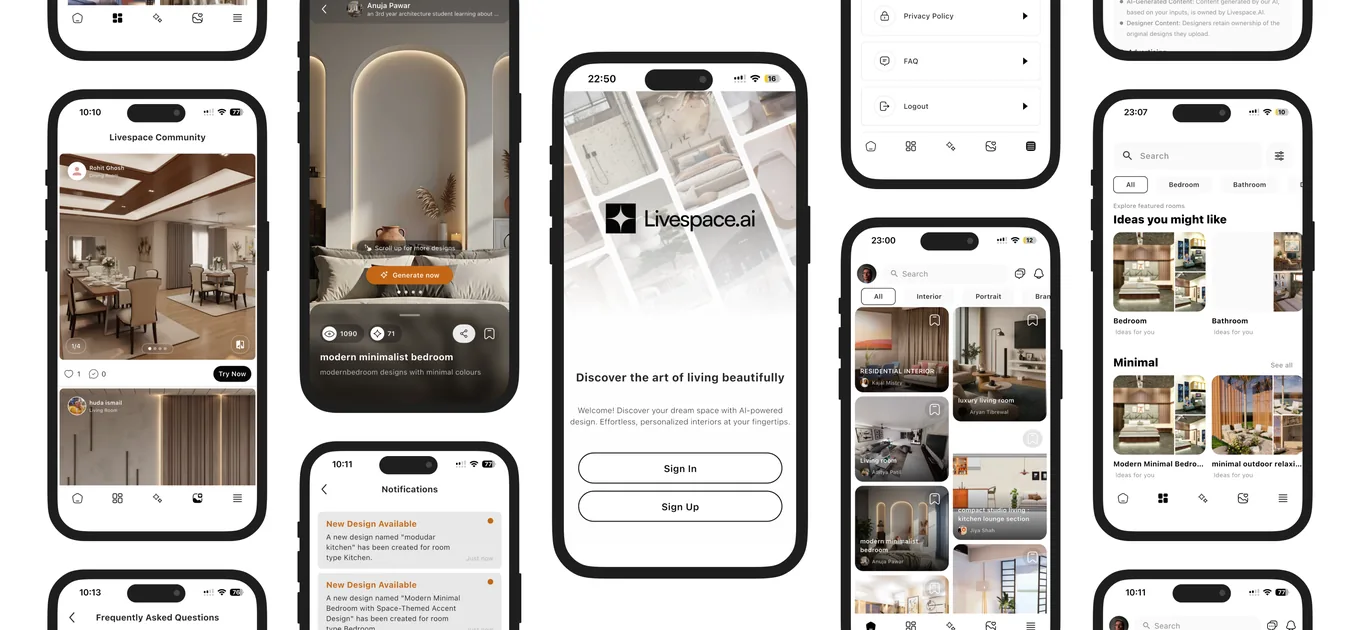 Livespace mobile app screens: community feed, AI room generation, style discovery and notifications