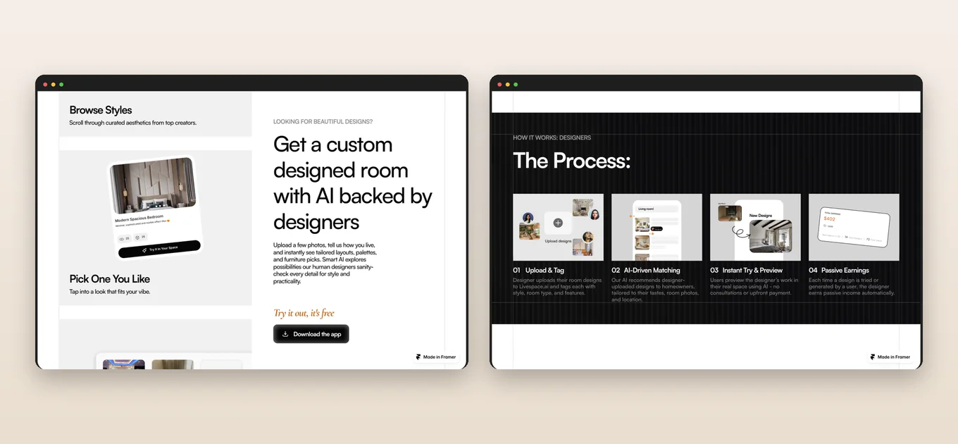 Livespace.ai how it works: browse styles and get a custom designed room backed by designers, then the four-step designer process