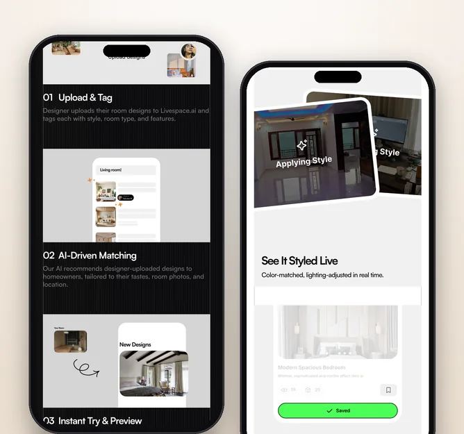 Livespace mobile flow: upload and tag designs, then see a style applied live