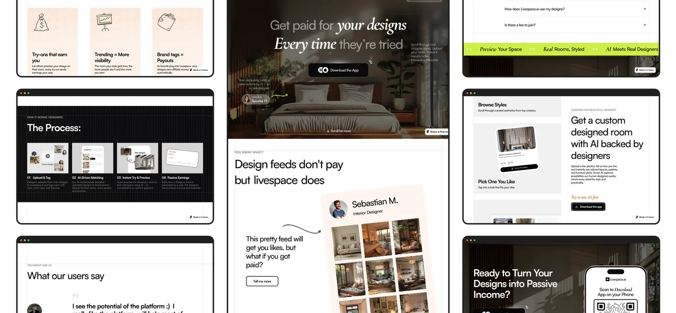 Livespace.ai web pages: designer earnings, the four-step process, custom AI rooms and user reviews