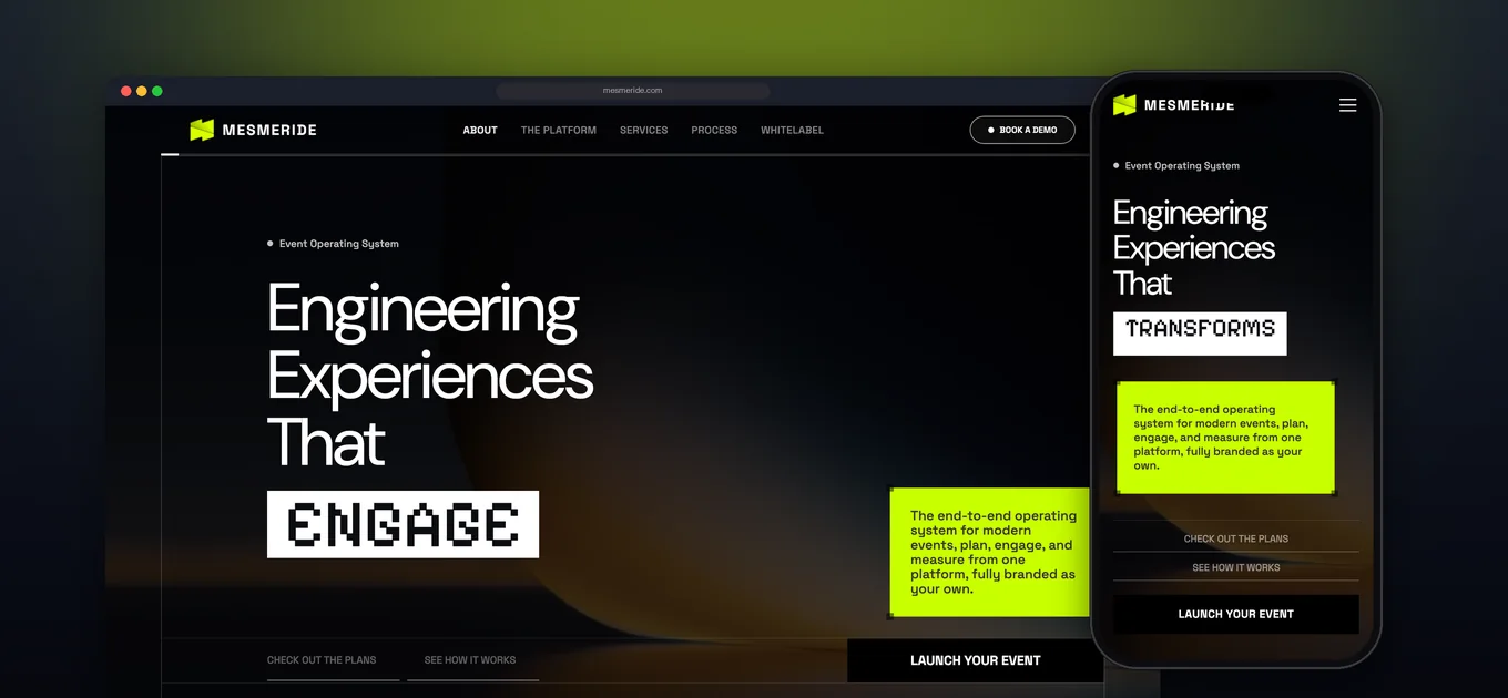Mesmeride event operating system homepage on desktop and mobile