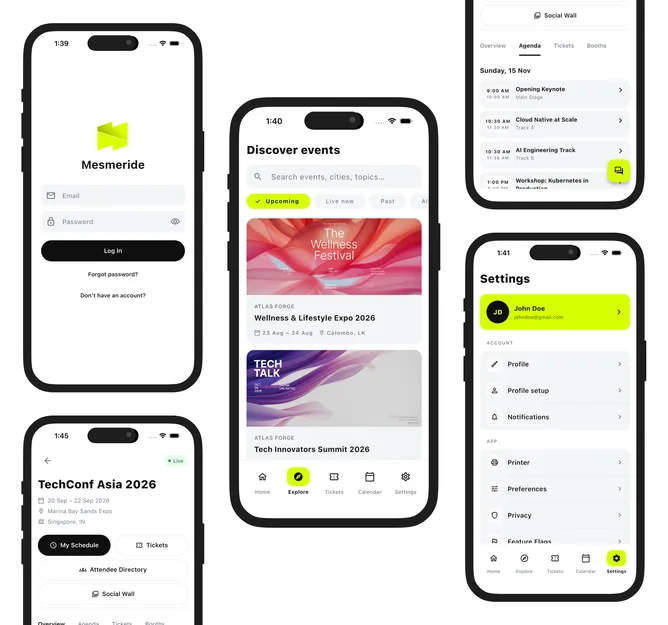 Mesmeride attendee app: event discovery, sign-in, schedule and settings screens