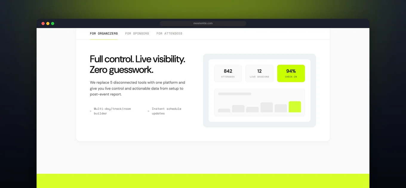 Mesmeride organiser console with live attendee, session and check-in metrics