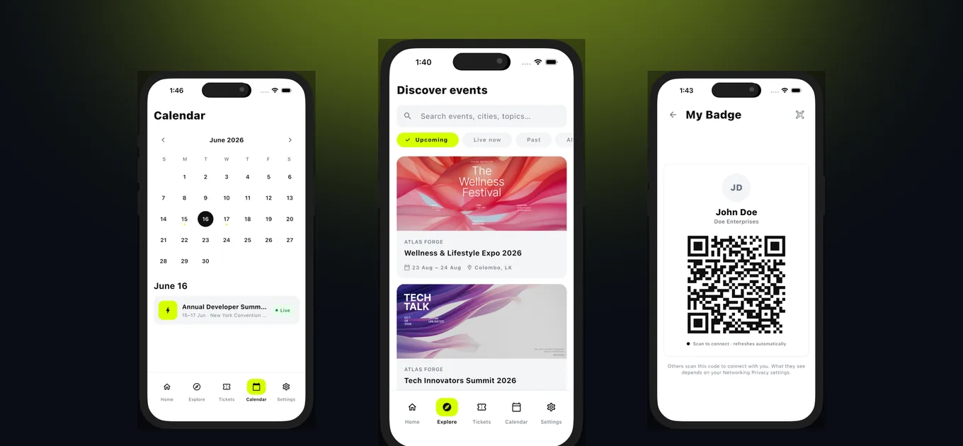 Mesmeride attendee app: event calendar, event discovery and a QR badge for instant check-in