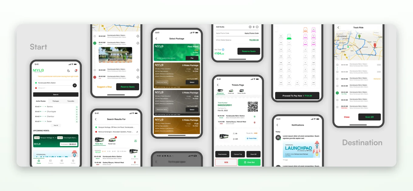 Mylo's commute from start to destination: home, packages, stops, seat map, ticket and live ride tracking