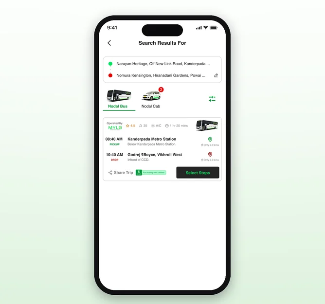 Mylo search results for a Nodal Bus with pickup and drop stops