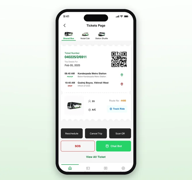 Mylo ticket with QR code, Track Ride, reschedule, cancel, SOS and Chat Bot