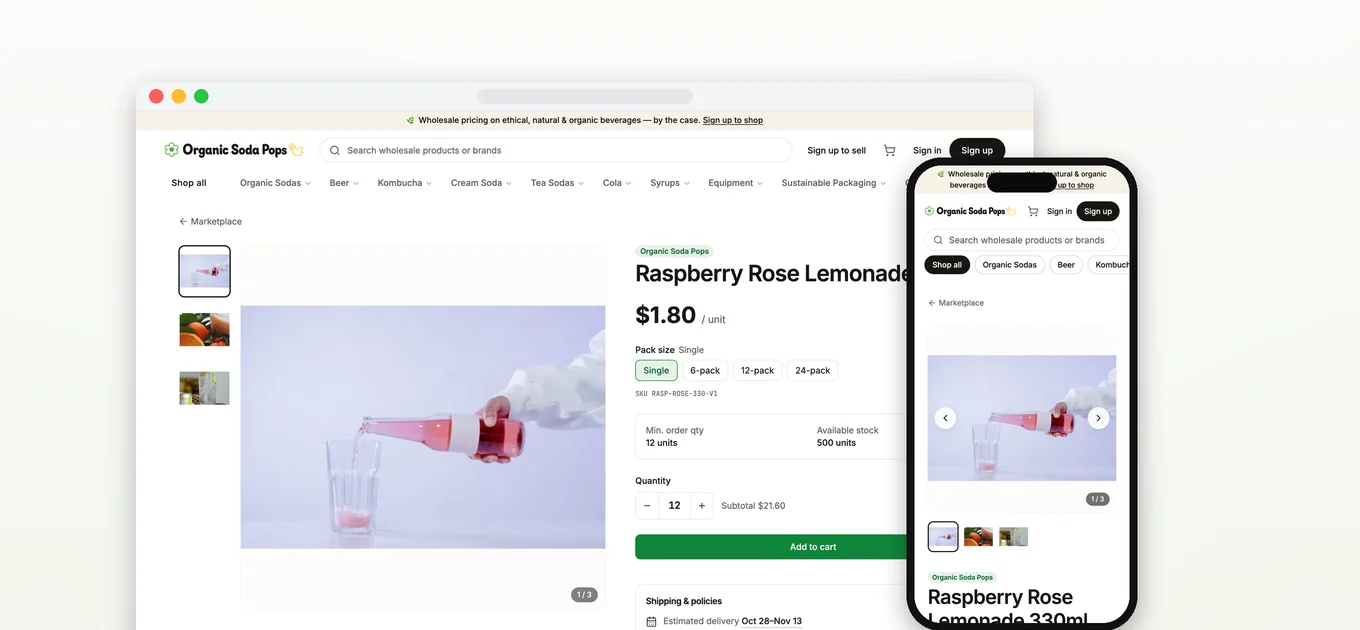 Organic Soda Pops product page on desktop and mobile with case-pack options, minimum order and stock