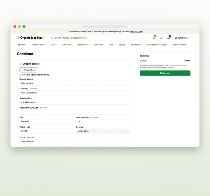 Organic Soda Pops checkout with a US shipping address before payment