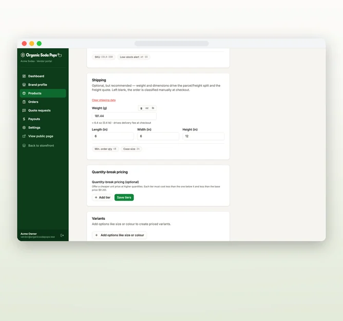 Organic Soda Pops vendor product editor with weight, dimensions, minimum order, case size and quantity-break pricing