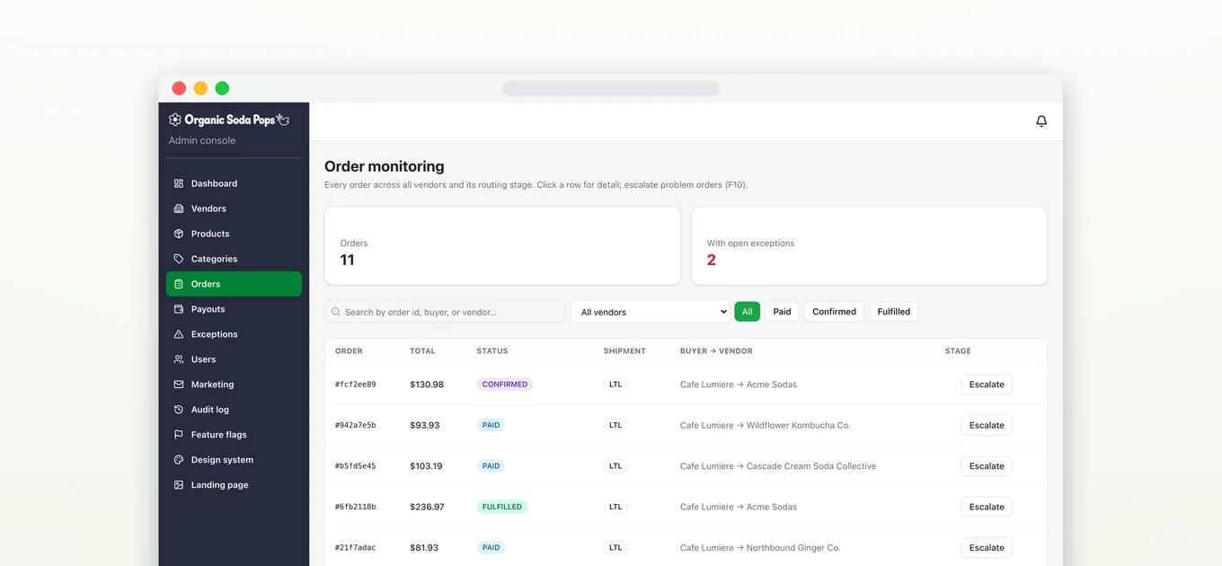 Organic Soda Pops admin order monitoring across vendors, with parcel and freight routing