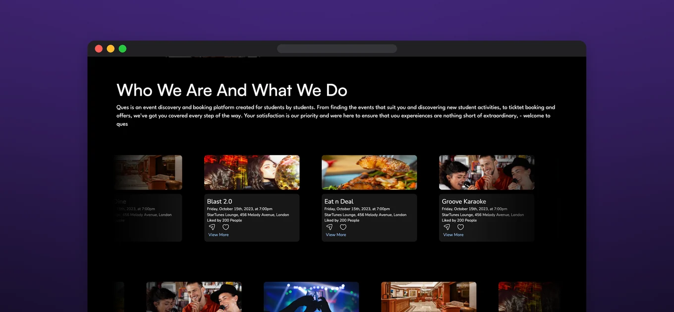 Ques.uk event discovery: student events with dates, venues and likes in one feed