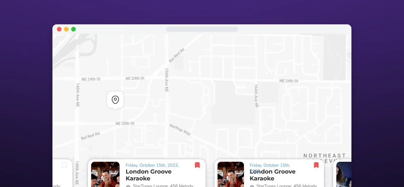 Ques.uk map view placing nearby student events on the map, with event cards along the bottom