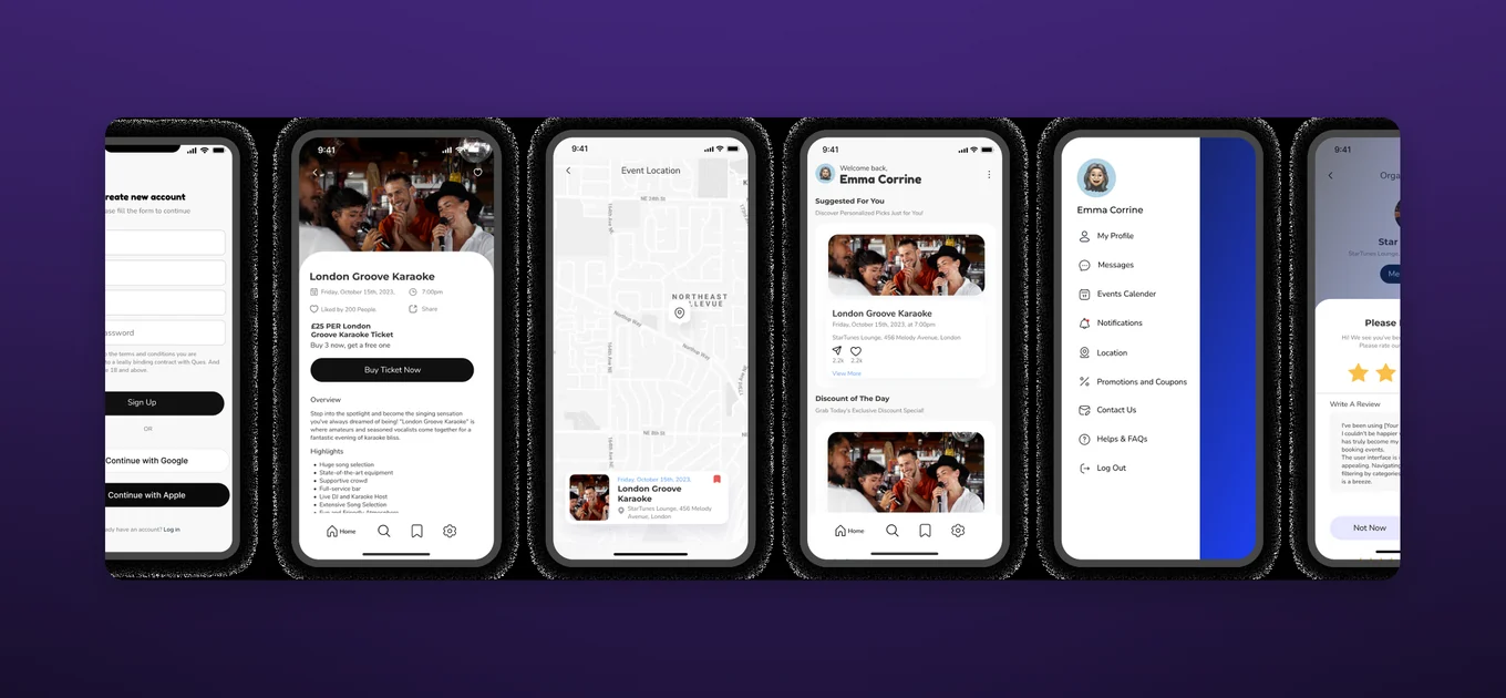 Ques.uk student app screens: sign-up, event details, map, feed and profile