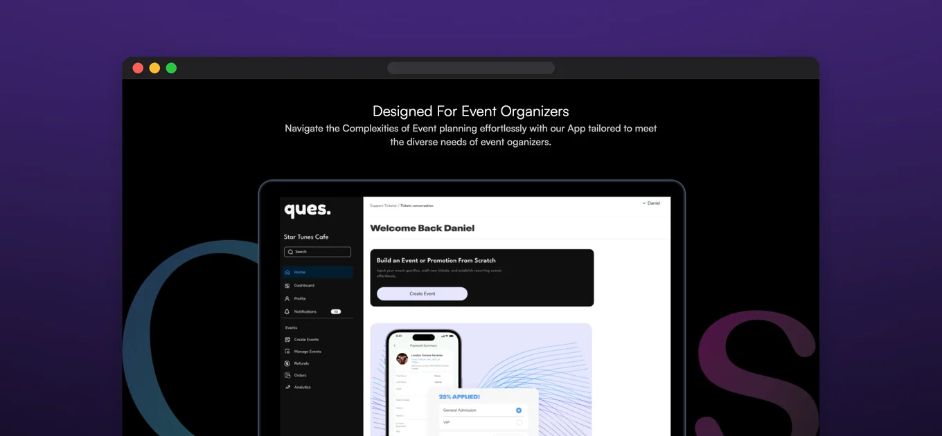 Ques for Business organiser dashboard for building an event or promotion from scratch