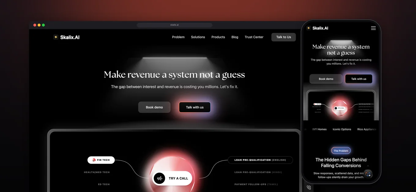 Skalix AI homepage on desktop and mobile with the live Try a Call voice agent