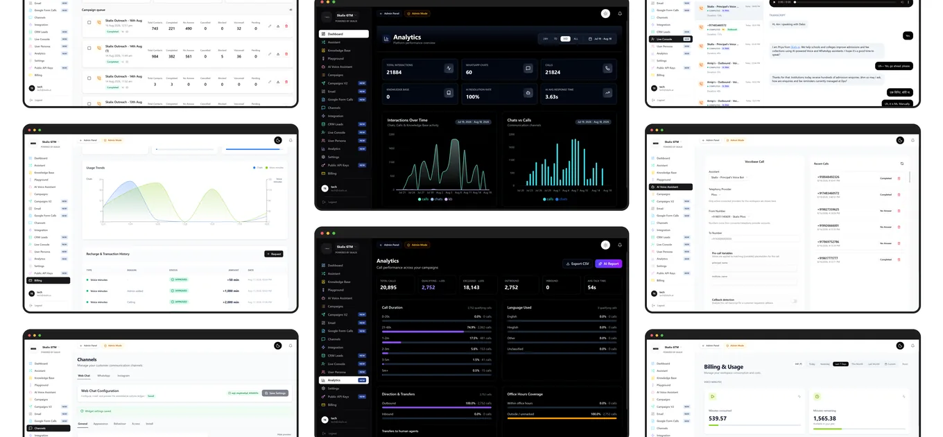 Skalix GTM console: campaigns, call analytics, live console, channels and billing dashboards
