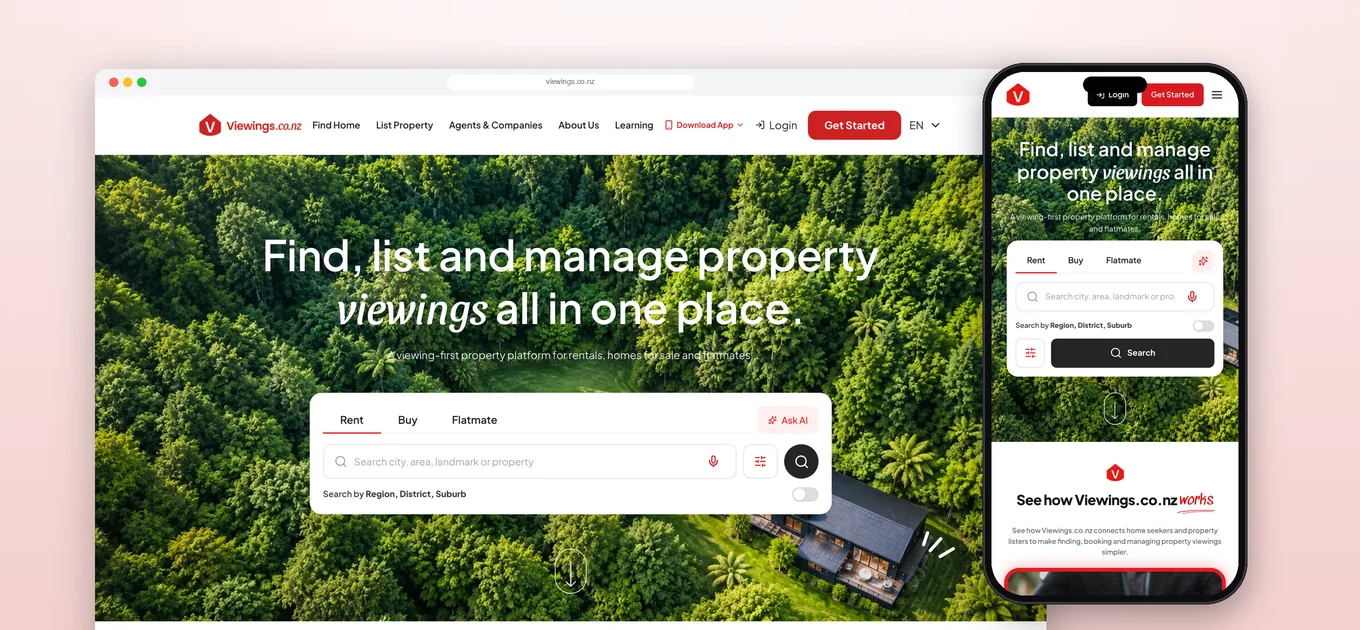 Viewings.co.nz property search homepage on desktop and mobile