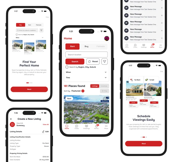 Viewings mobile app: property search, onboarding and viewing scheduling screens