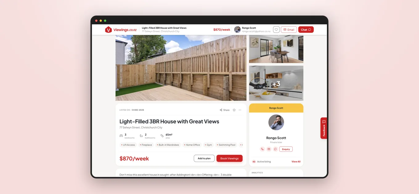 Viewings listing page with weekly rent, agent contact and a one-click Book Viewings button