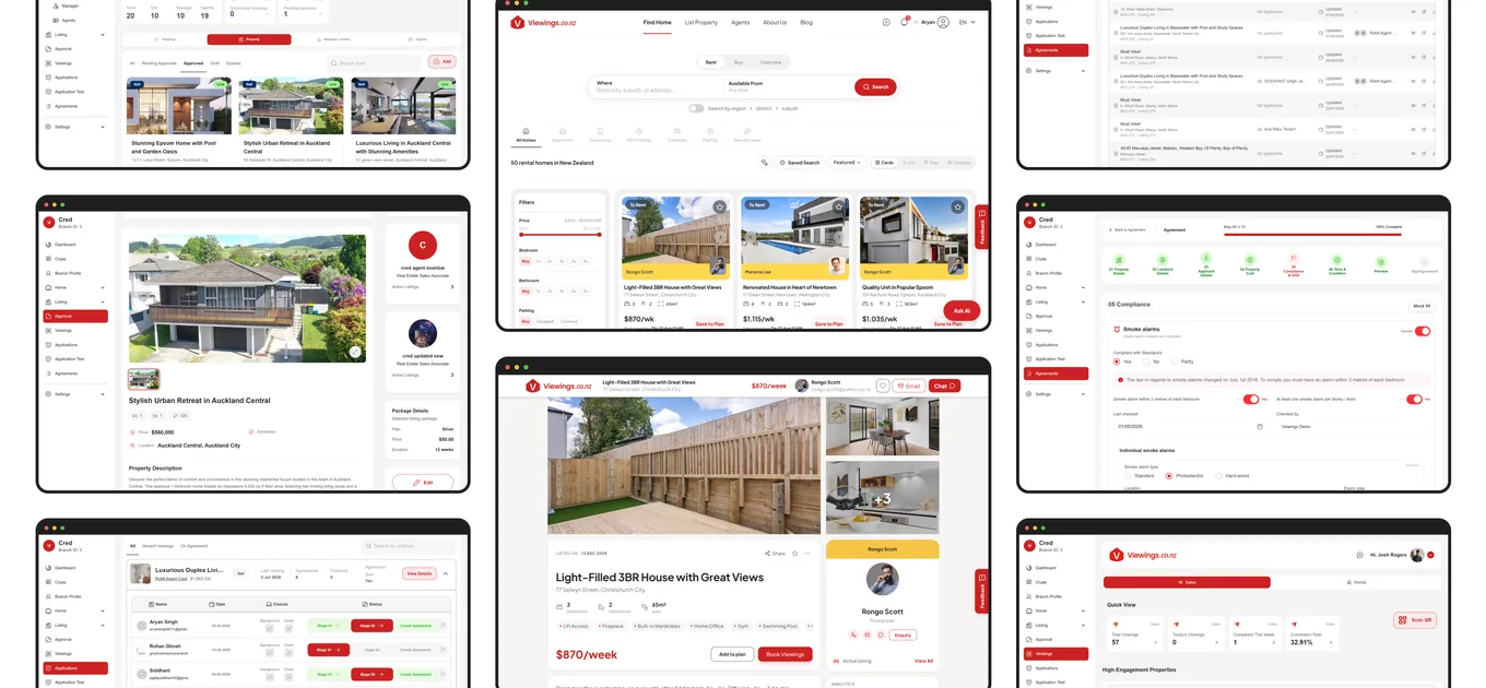 Viewings agency dashboards: listings, property detail, applicants, agreements and branch overview