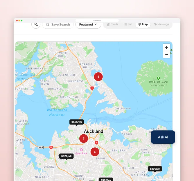 Viewings map search with weekly rent pins across Auckland